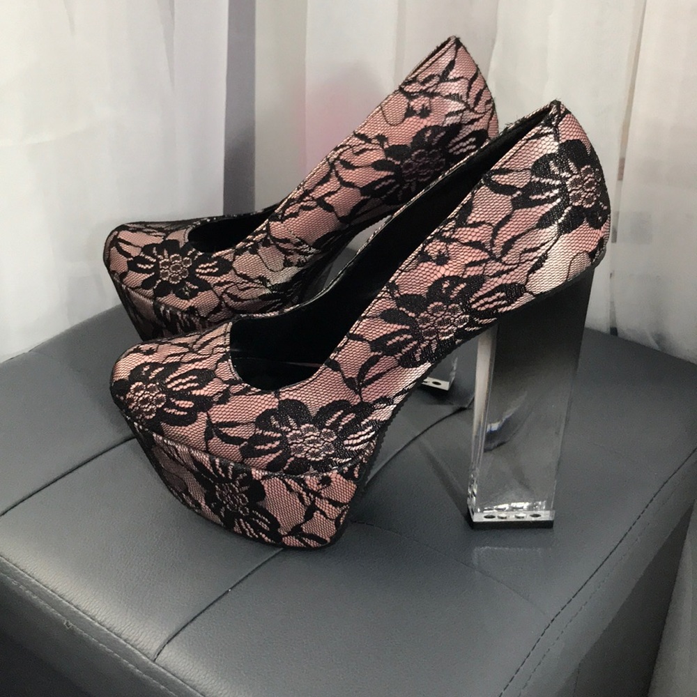 Black and Pink Lace Platform Pumps